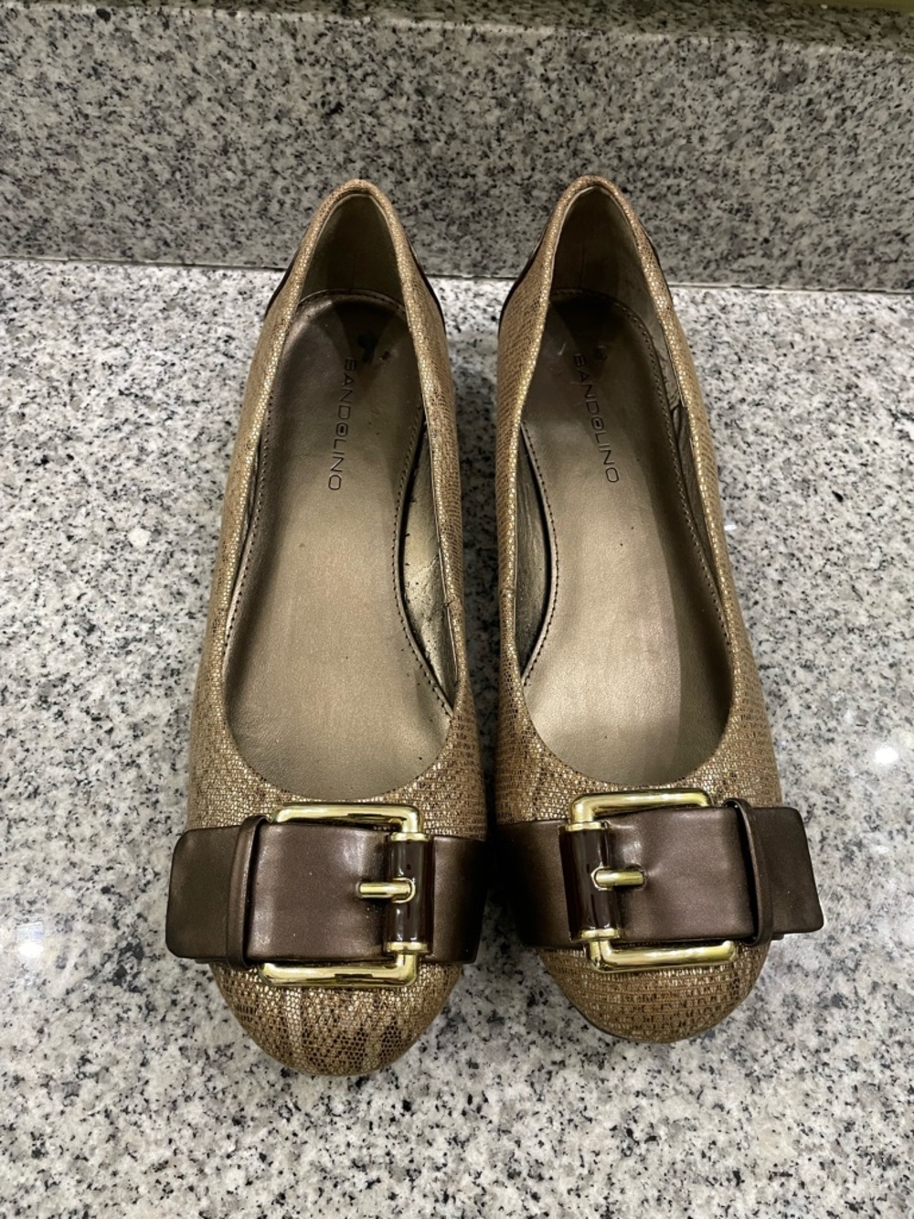 Bandolino Gold and snakeskin Flats with  Buckle Accent Size 10.